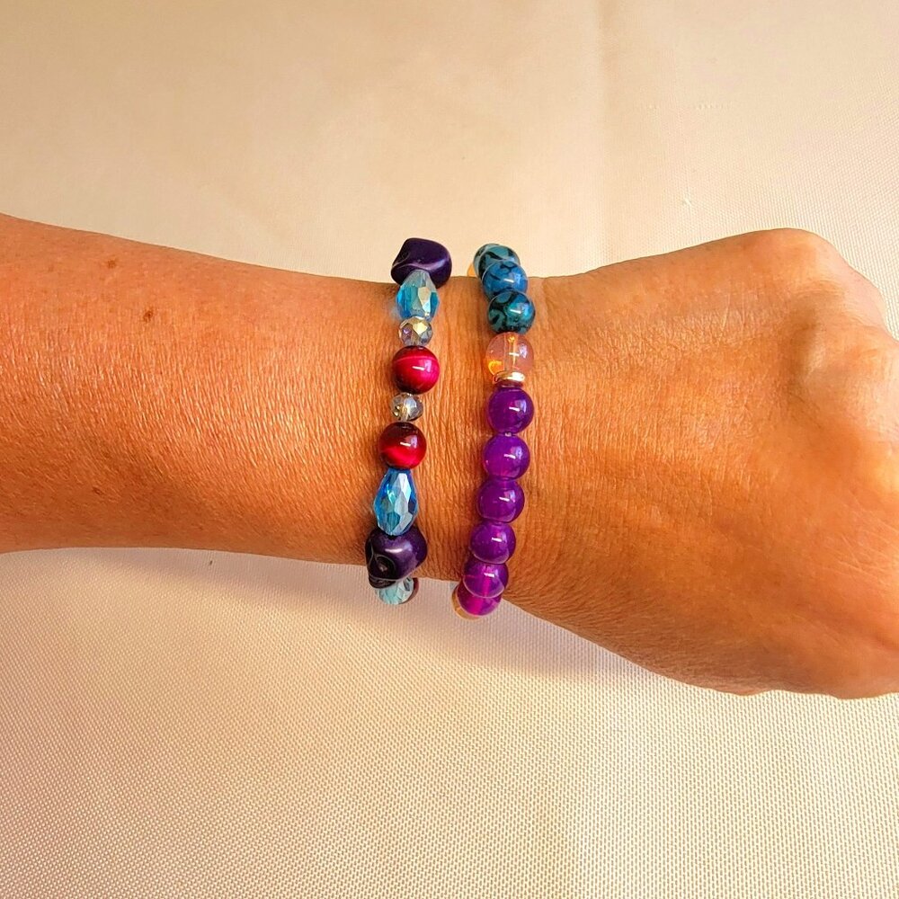 Purple Skulls & Multi-Color Beaded Bracelet Set, Size S to M